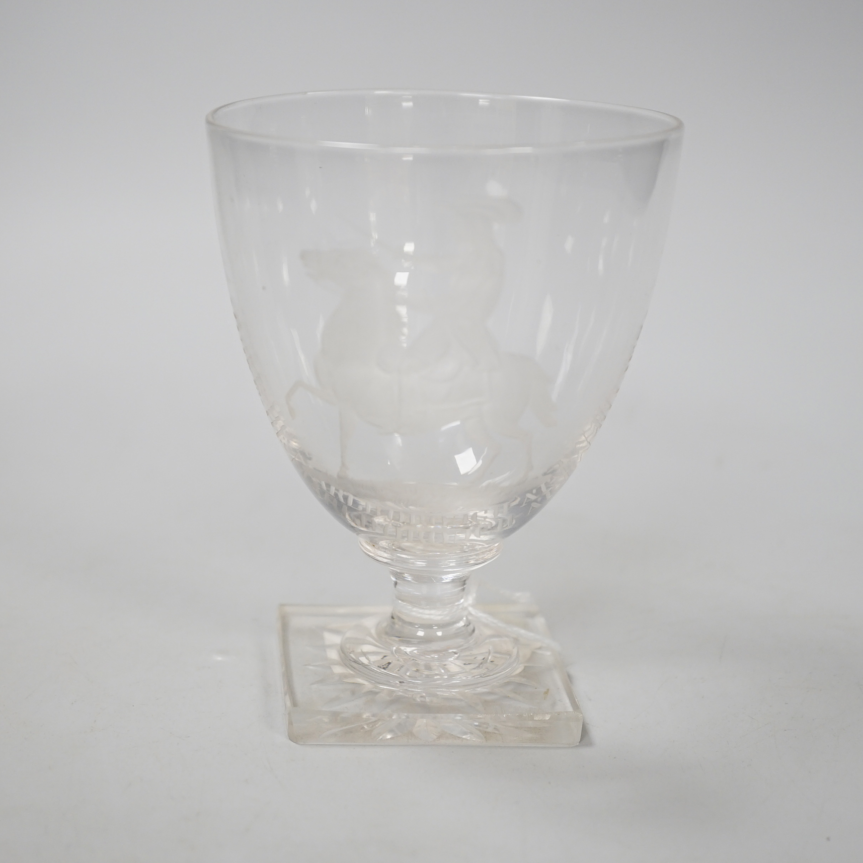 A glass goblet, engraved with the Duke of Marlborough at Ramillies, the goblet is small with a capstan stem and square moulded base with star cut base, likely to be a centenary or bi-centenary goblet of the 1706 battle.